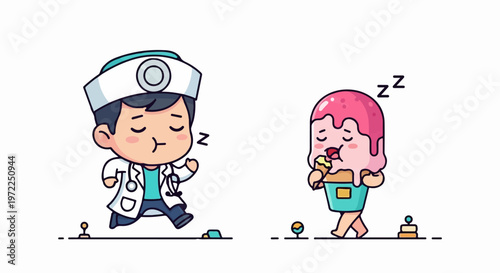 Cute cartoon doctor and ice cream sleeping peacefully together in a dream.