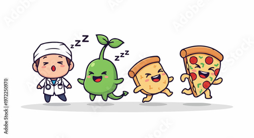 Cute Cartoon Doctor, Plant, Pizza, and Pastry Characters in a Row.
