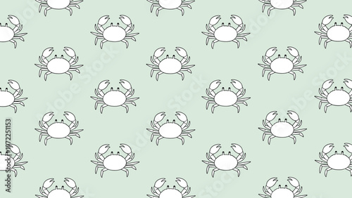 sea life seamless pattern featuring hand drawn white crabs on a light green background for coastal themed interior decor.