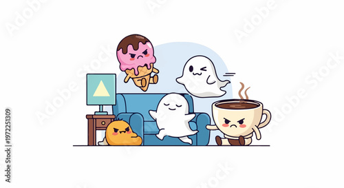 Cute Cartoon Ghosts and Food Items in a Fun and Friendly Scene.