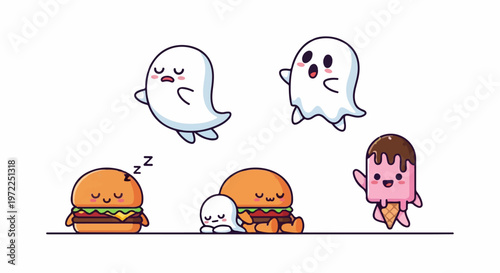 Cute Cartoon Ghosts and Food Characters on White Background.