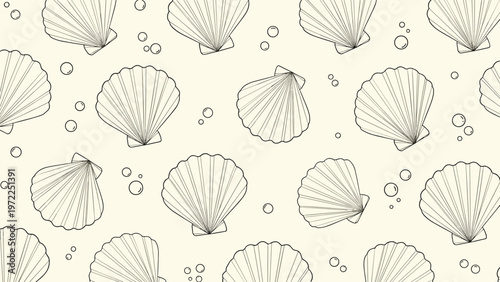 elegant seashell pattern with bubbles in a hand drawn style on a cream background for sophisticated coastal wallpaper.