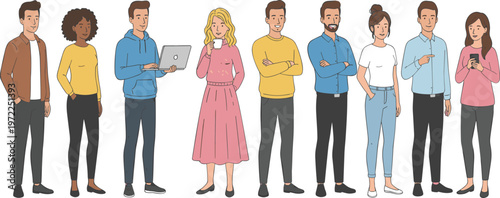 Vector set of diverse young adults in casual and professional clothing including people using laptop and smartphone.