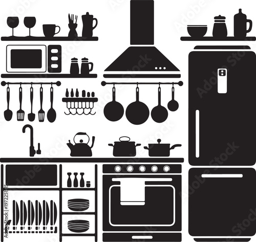 Comprehensive kitchen setup with essential appliances and utensils