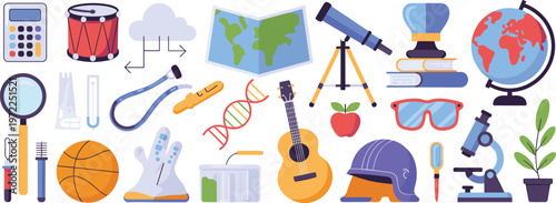 Education and science icons set, school supplies, laboratory equipment, sports, music, geography tools collection, learning illustration for students, academic design