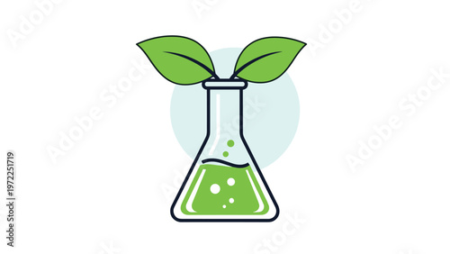 Green laboratory flask with fresh leaves growing from the top symbolizes eco-friendly science and sustainable biotech research.
