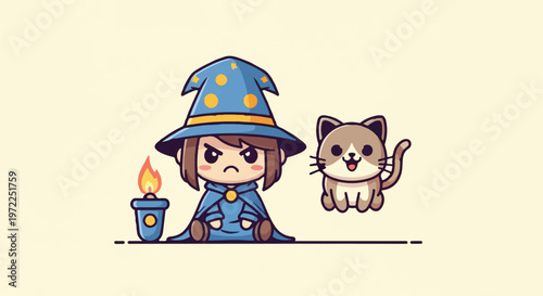 Cute Cartoon Witch with Cat and Lit Candle, Magical Illustration.