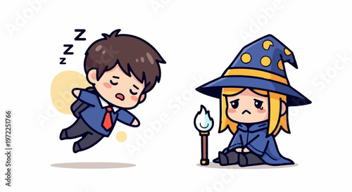 Cute Cartoon Wizard and Sleeping Businessman Characters Illustration.