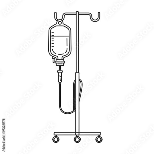 Medical intravenous drip bag with stand, line art illustration on white background.