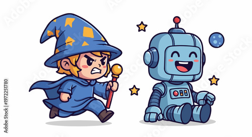 Cute Cartoon Wizard Chasing a Friendly Robot with Magic Wand.