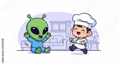 Friendly Alien and Cheerful Chef Interacting in a Playful Cartoon Scene.
