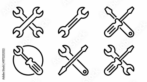 Minimal Wrench and Screwdriver Line Icon Set Repair and Tool Symbols