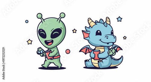 Friendly Alien and Cute Dragon Holding Gifts, Smiling and Happy.