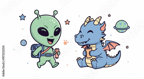 Friendly Alien and Dragon Characters Smiling and Enjoying Each Others Company.