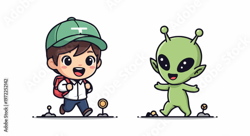 Friendly Boy and Alien Characters Interacting in Cartoon Illustration.