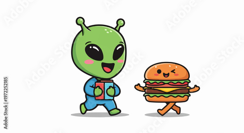 Friendly Green Alien and Happy Burger Cartoon Illustration.