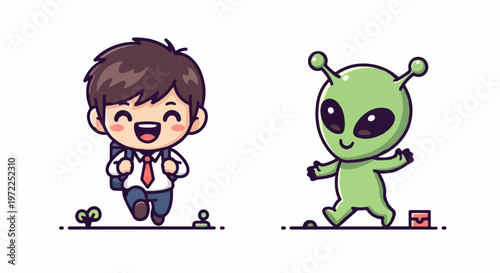 Friendly Schoolboy and Green Alien Encountering Each Other Happily.