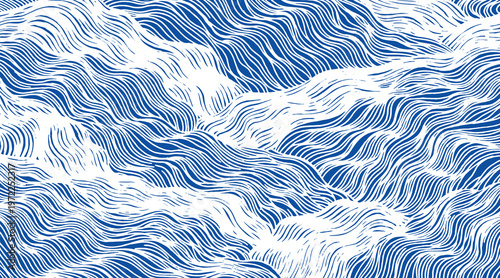 Hand drawn Japanese inspired abstract waterfall background. Vintage woodcut style featuring dynamic blue and white brush lines and flowing water textures. Artisan nature illustration.