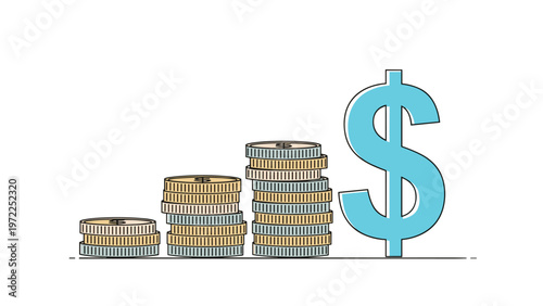 Stacked coins of various heights beside a large blue dollar sign illustrate financial growth investment and banking success.