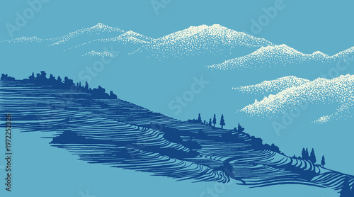 Hand drawn Japanese inspired landscape of terraced rice fields and misty mountains. Vintage woodcut style in shades of blue and white. Serene artisan farmland background illustration.