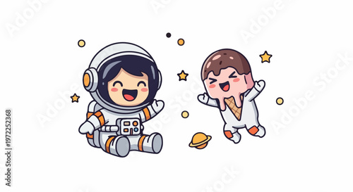 Happy Astronaut and Ice Cream Cone Floating in Space with Stars.