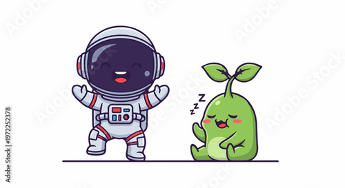 Happy Astronaut and Sleeping Plant Cartoon Illustration on White Background.