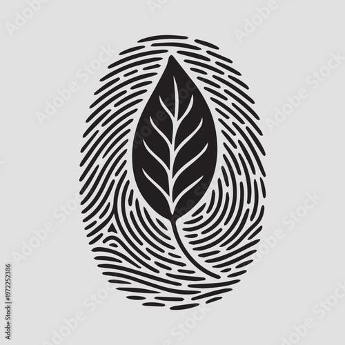 Unique nature identity design featuring a black leaf vector illustration combined with a fingerprint pattern symbol for secure identification and organic art