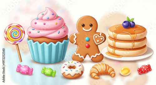 Colorful assortment of sweet treats including cupcakes, donuts, pancakes, and candies on a white background with a gingerbread man.