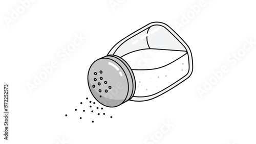 Simple illustration of a glass salt shaker tipped on its side with grains of salt spilling out onto a white surface.