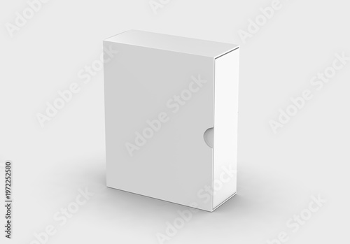 White sliding paper packaging box with thumb cut, pull tab cardboard box with thumb notch on grey background.