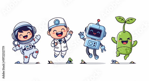 Joyful Characters - Astronaut, Doctor, Robot, and Plant Friends.