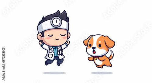 Joyful Veterinarian and Playful Puppy Celebrate Good Health and Happiness.