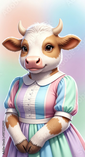 Illustration of a cow wearing a colorful dress with pastel shades on a soft, multicolored background.