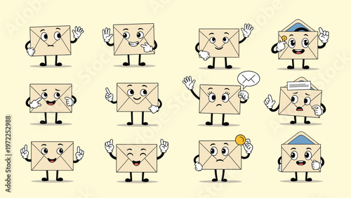 Collection of twelve envelope mascot characters shows various emotions and actions for mail and communication designs.