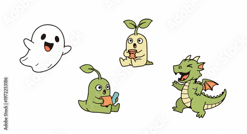 Whimsical Cartoon Characters - Ghost, Dragon, and Two Plant-like Creatures.