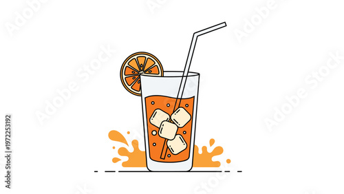 Refreshing glass of orange juice with ice cubes and a straw features a citrus slice garnish and orange splashes.