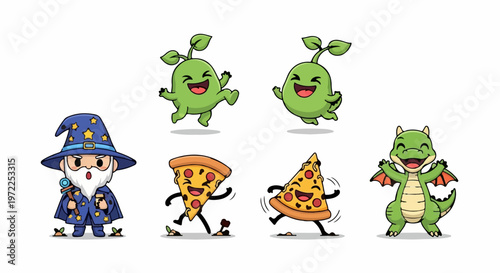 Whimsical Cartoon Characters - Wizard, Pizza, Dragon, and Smiling Sprouts.