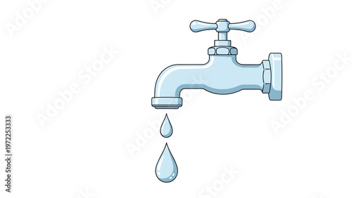 Faucet with dripping water drops in cartoon style isolated on white background symbolises plumbing services and water conservation.