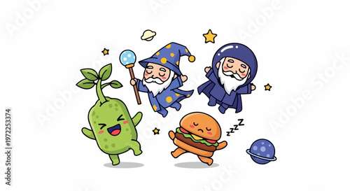Whimsical Cartoon Wizards with Magical Items and Smiling Plant Creature.