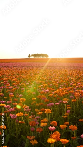 Vibrant field of flowers under the golden sunrise light.