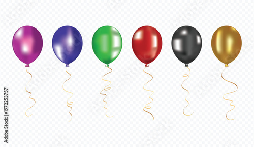 Realistic colorful helium balloons with curling gold ribbons isolated on transparent background | Set of 3D glossy balloons in purple, blue, green, red, black, and gold for party celebration and birth