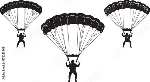 Parachute, skydiving, adventure icons, black silhouette, vector graphics