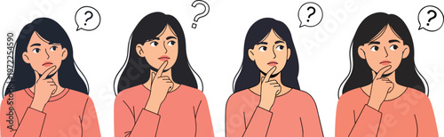 Thinking woman, puzzled faces, confused expressions, question marks, cartoon characters