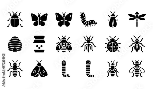Filled insect icons set with beetle butterfly bee and bug silhouettes editable vector isolated on white