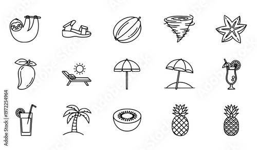 Tropical outline icons set with beach fruits animals and summer symbols editable vector isolated on white