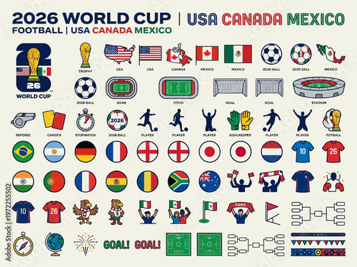 Collection of 2026 World Cup icons featuring host countries, stadiums, equipment, players, and fan elements.