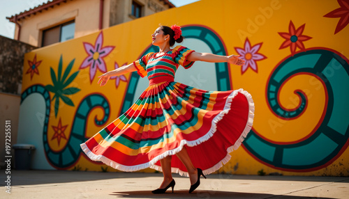 Folklorico dancer spinning amidst vibrant mural, cultural celebration