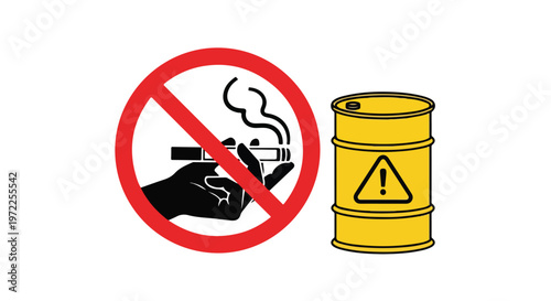 No smoking sign with a hazardous waste barrel indicating danger and caution in a safety warning concept