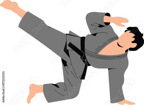 Minimalist martial arts illustration of practitioner performing high kick in gray gi with black belt dynamic action vector design