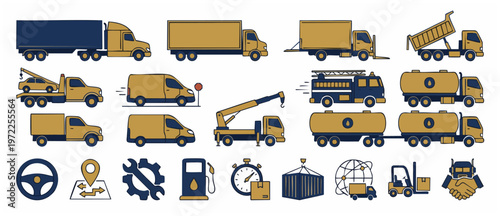 Trucks Vector Icons Set - Cargo, Tow, Crane and More, Delivery and Transportation, Flat Design Style. Different Commercial Vehicles Collection for Logistics. [Outline Design]